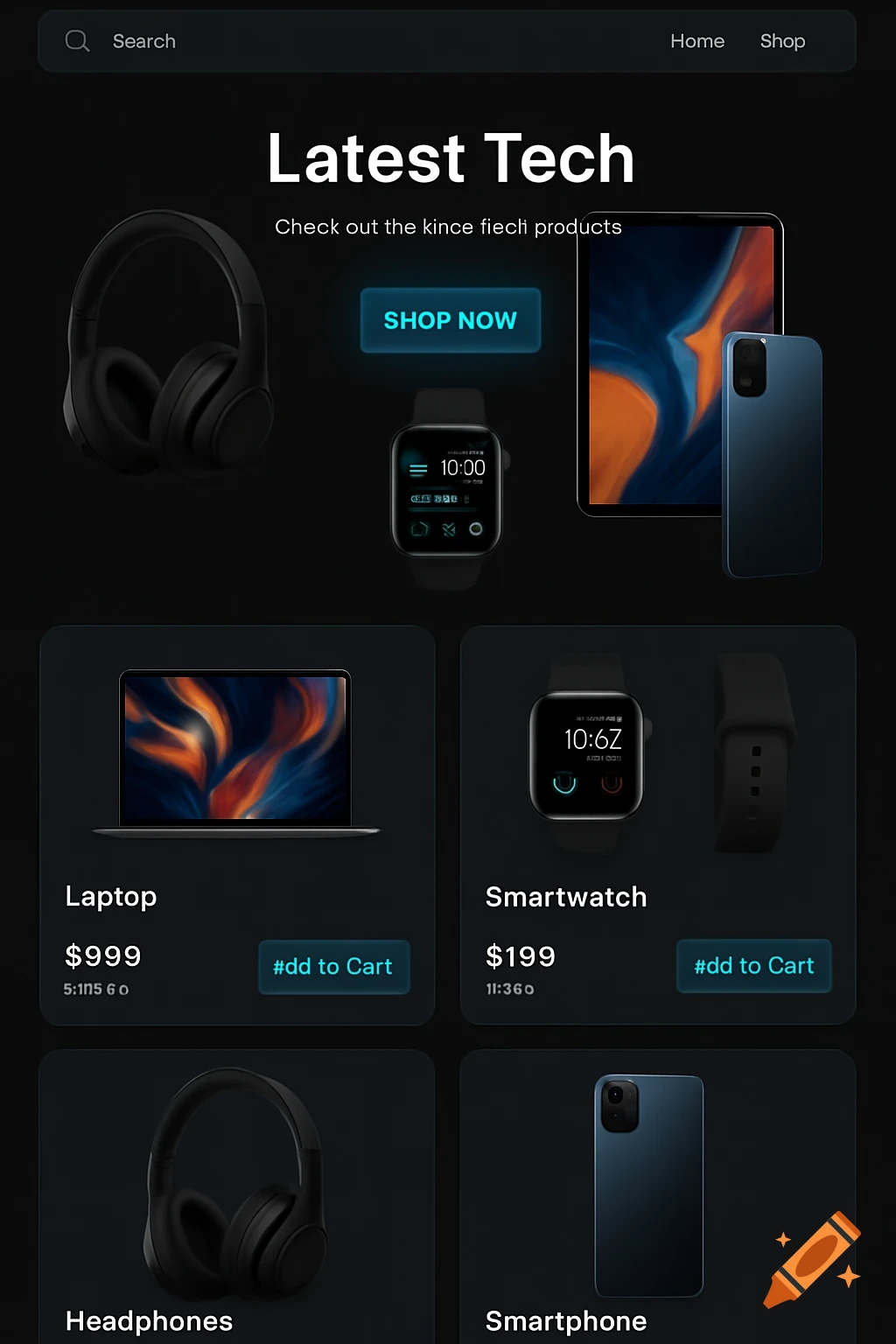 A dark-themed e-commerce website homepage featuring a hero section with 'Latest Tech' and a 'Shop Now' button, displaying various electronics like laptops, smartwatches, headphones, and smartphones in product cards.