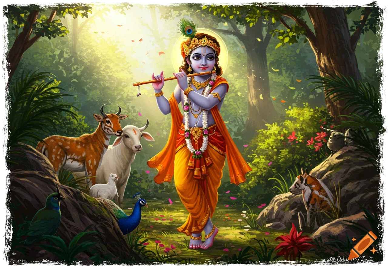 Lord Krishna with blue skin playing a flute in a vibrant, sunlit forest, surrounded by cows, a peacock, and other animals.