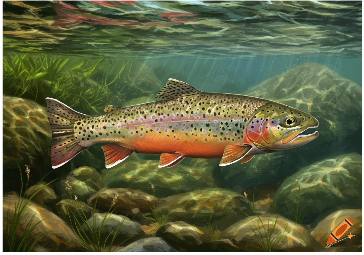 An illustration of a brendel trout swimming underwater among rocks and green plants, with light rays filtering through the surface.