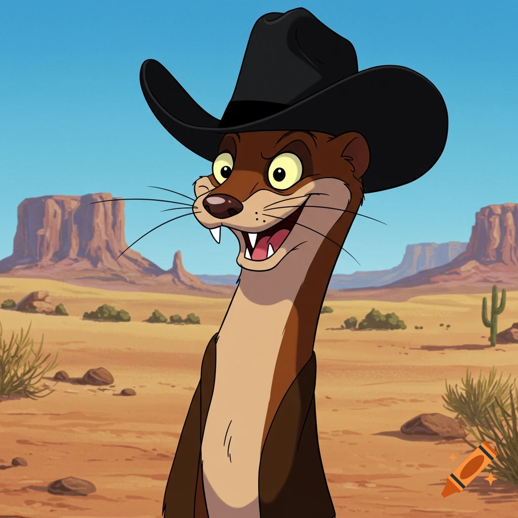 A cartoon weasel wearing a black cowboy hat stands smiling in a desert landscape with mesas and a cactus.