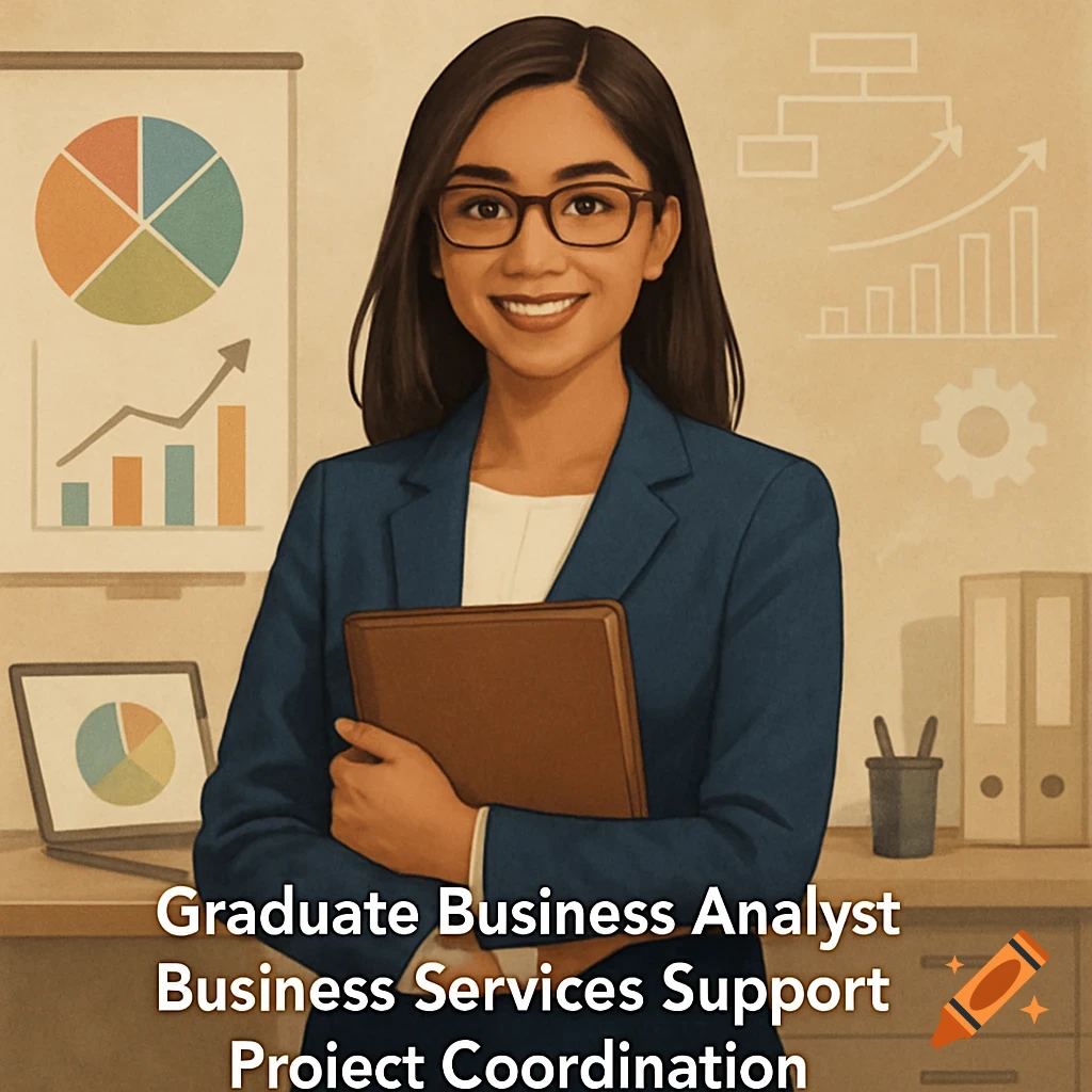 Smiling professional woman with glasses in a blue suit holds a folder in an office. Charts and text 'Graduate Business Analyst Business Services Support Project Coordination' are visible.