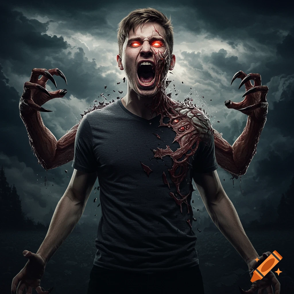 A man with glowing red eyes screams as his body dramatically transforms into a grotesque monster with sharp claws, against a dark, stormy sky.