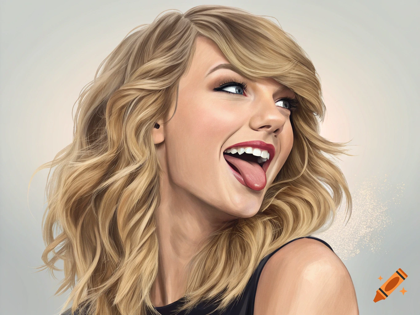 A vibrant digital painting of Taylor Swift with blonde hair, sticking out her tongue and looking to the right.