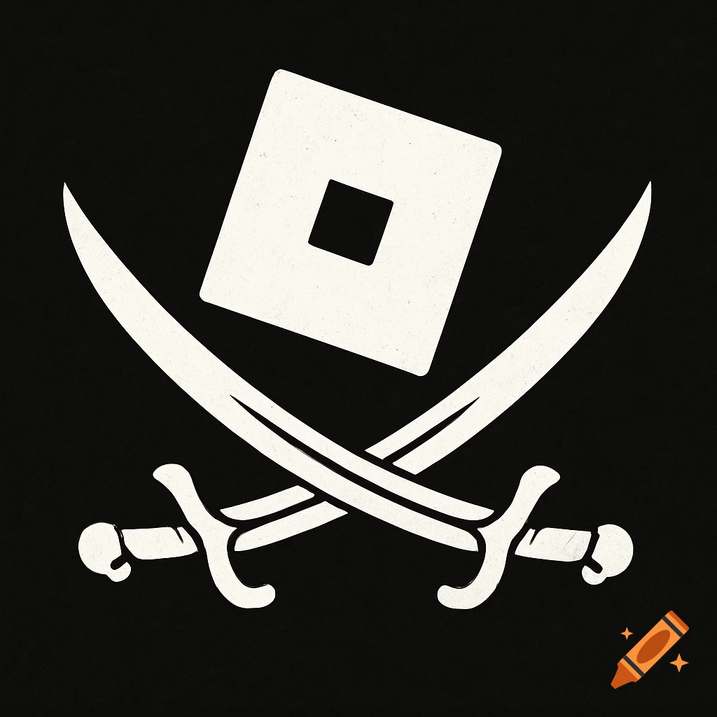 A black pirate flag with crossed white cutlasses and a white Roblox logo.