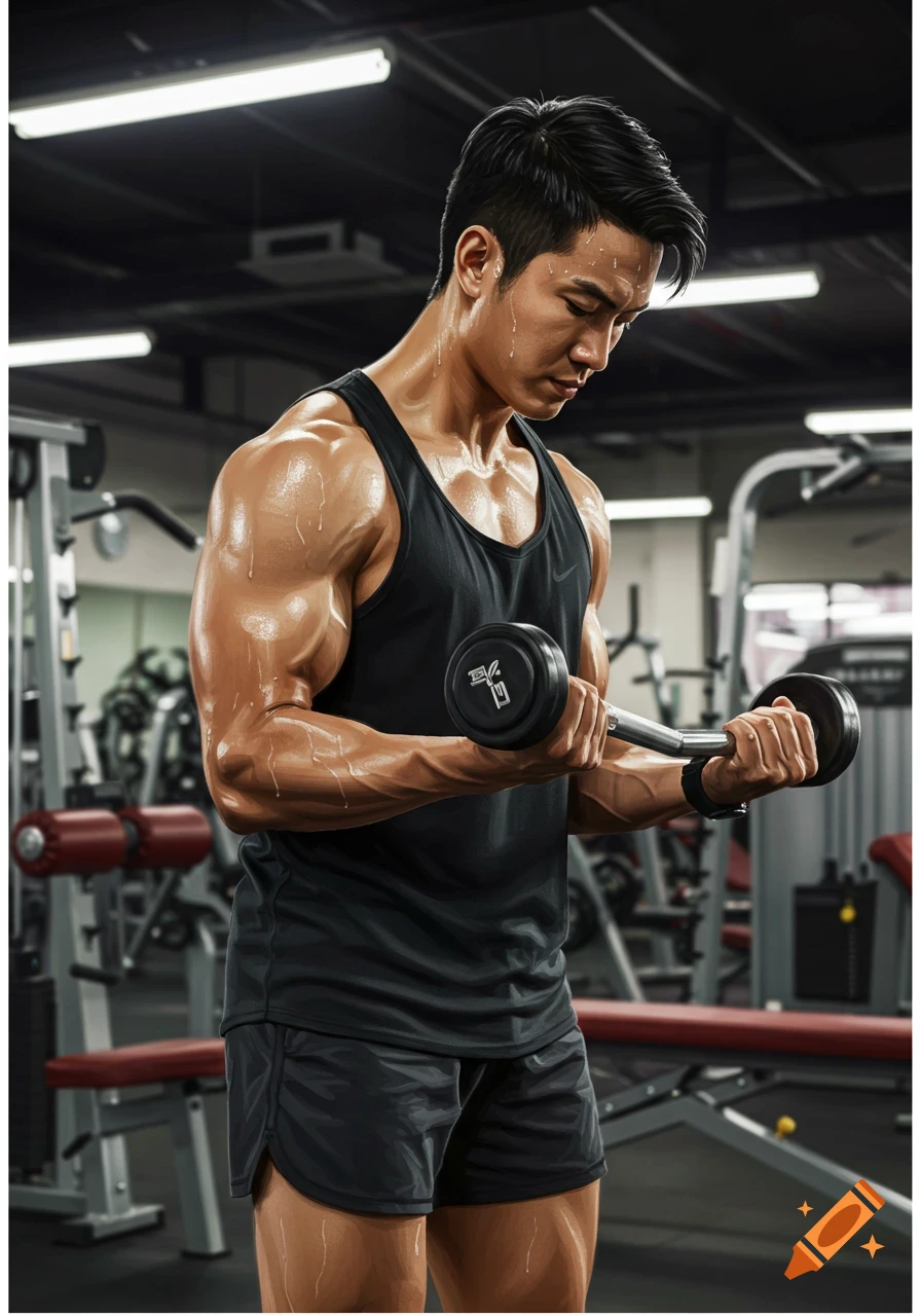 Muscular man with sweat on his skin doing bicep curls with a dumbbell in a gym, photorealistic style.