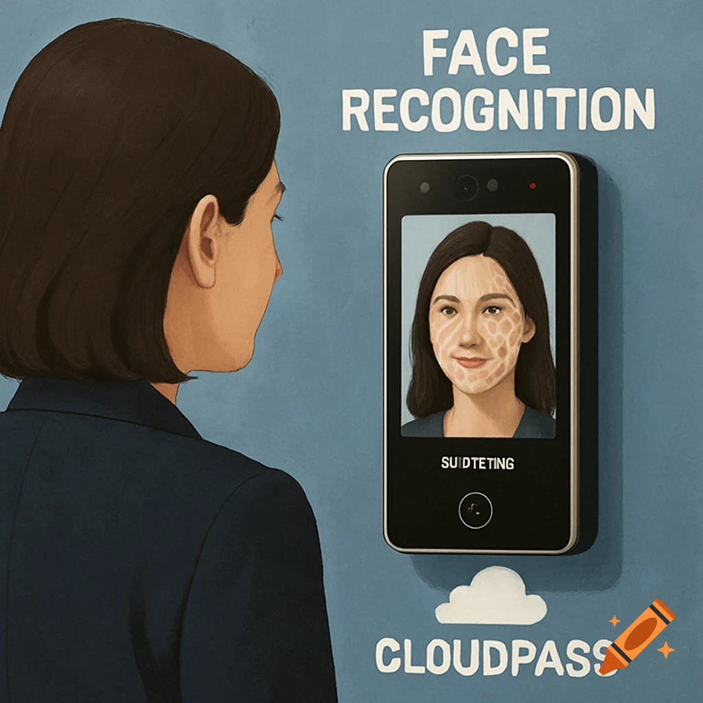An illustration of a woman from behind looking at a wall-mounted face recognition device, which displays a digital scan of her face.