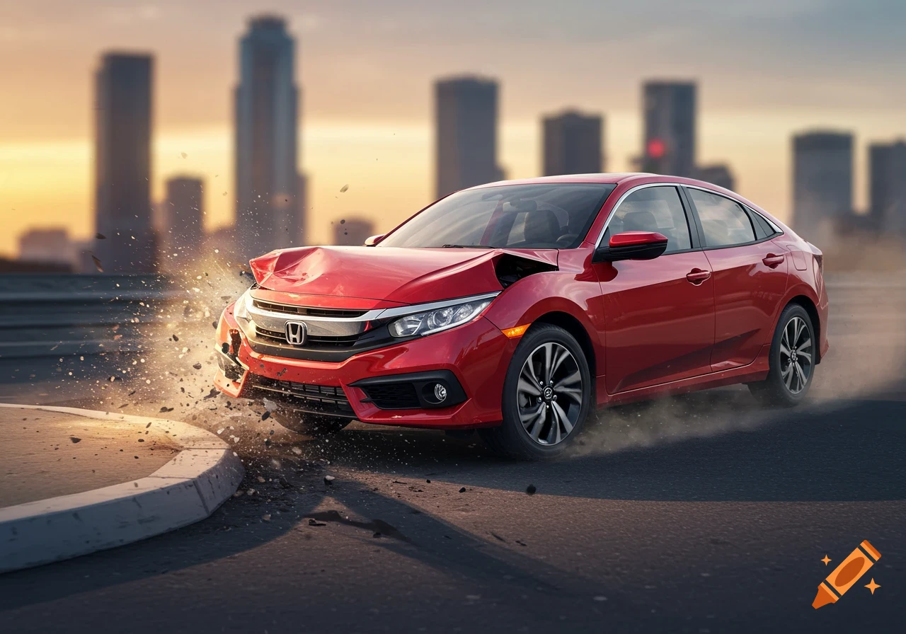 A red Honda Civic with a crumpled hood hits a concrete curb, scattering debris on a city street at sunset.