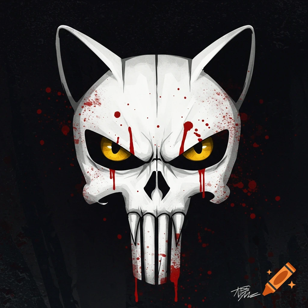 Stylized white cat skull with yellow eyes, sharp teeth, and red blood splatter on a dark background.