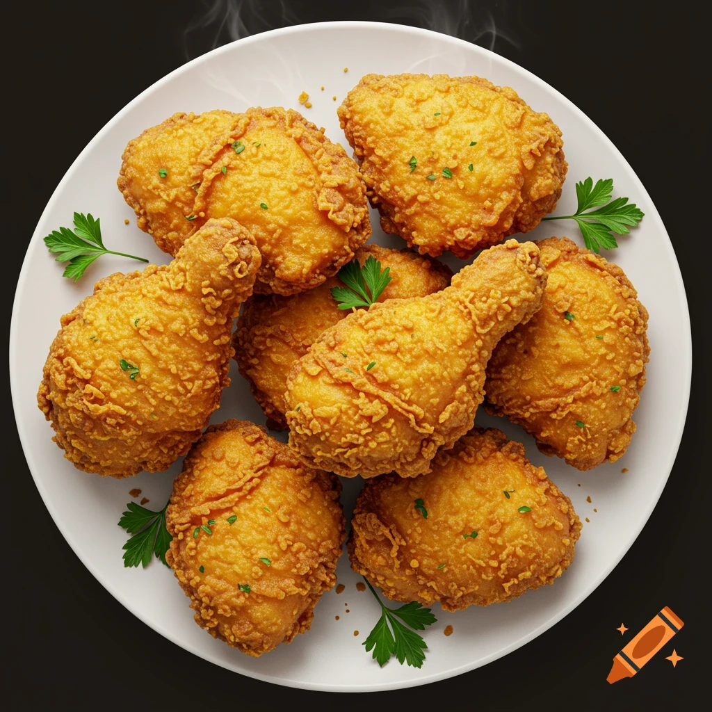 A top-down photorealistic view of crispy fried chicken pieces garnished with parsley on a white plate.