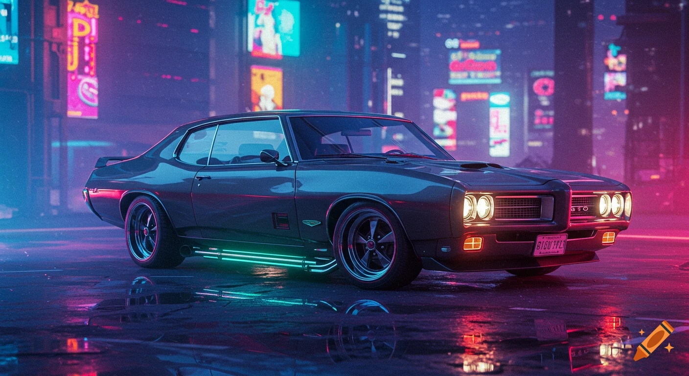 A 1969 Pontiac GTO with neon underglow parked on a wet street at night in a cyberpunk city with bright neon signs.