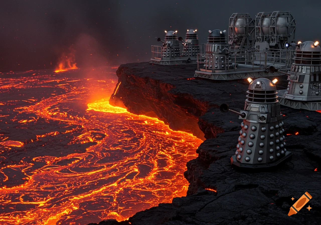 Silver Daleks stand on platforms overlooking a river of molten lava with an industrial structure under a dark, smoky sky.