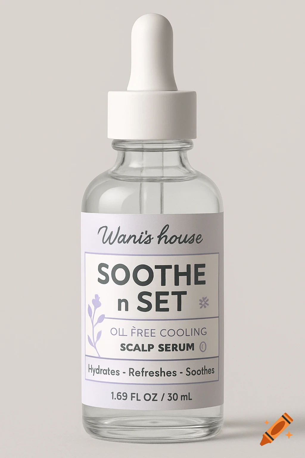 A clear glass dropper bottle with a white cap and a light purple label for Wani's House Soothe n Set Scalp Serum.
