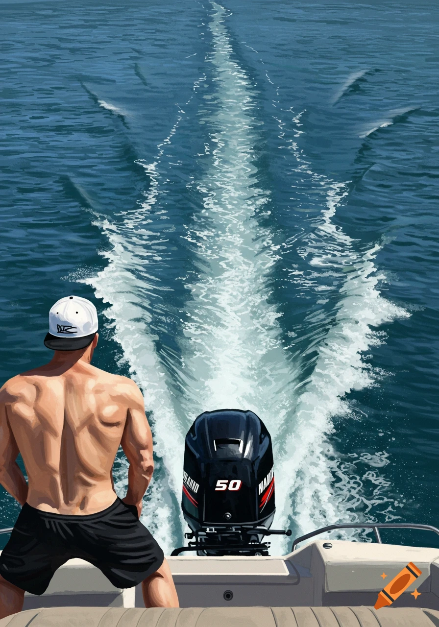 A muscular man on a boat looks back at the powerful wake trailing behind the outboard motor on blue water, digital painting.