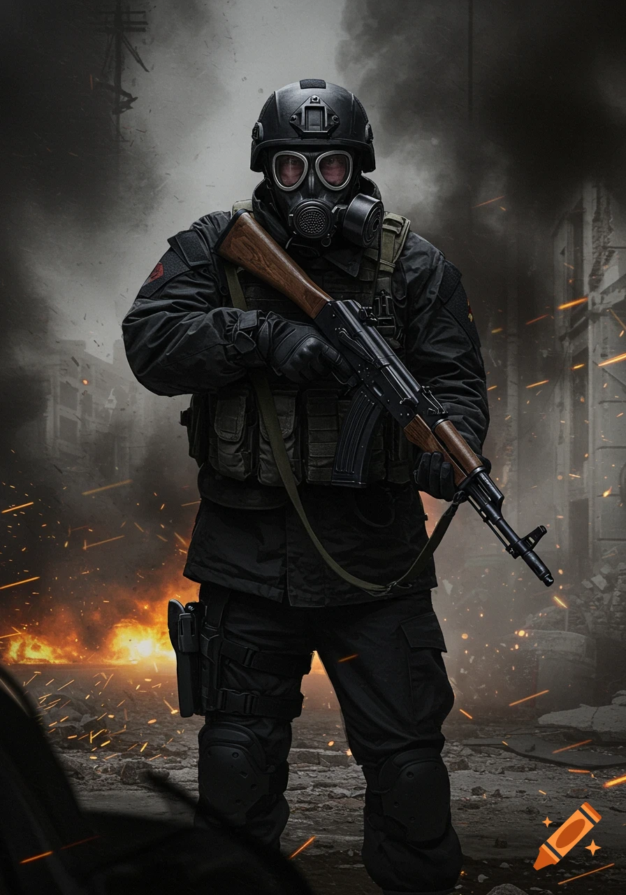 A soldier in black tactical gear and a gas mask holds an AK-47 in a smoke-filled, war-torn landscape with fire.