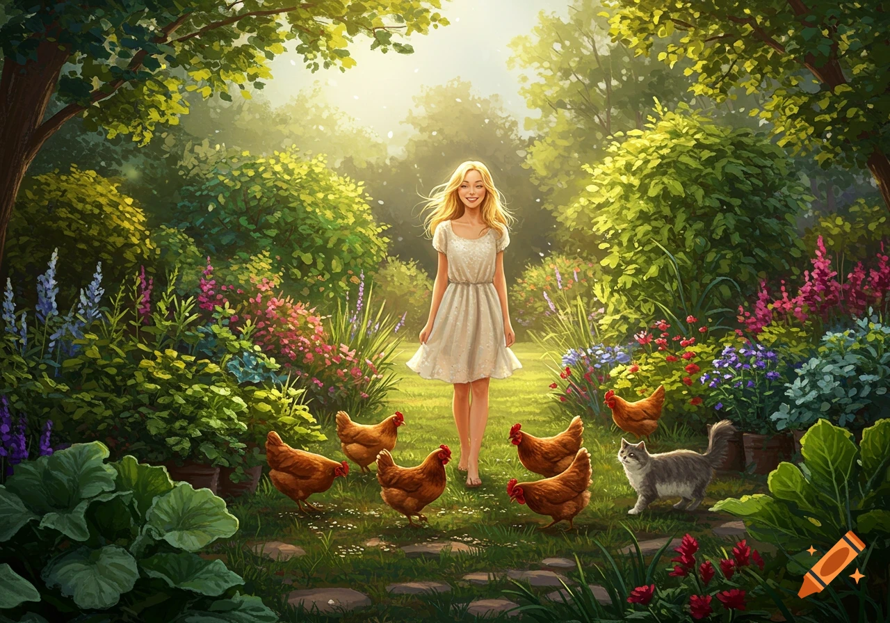 A blonde woman in a white dress stands barefoot in a large, vibrant garden surrounded by chickens and a grey cat.