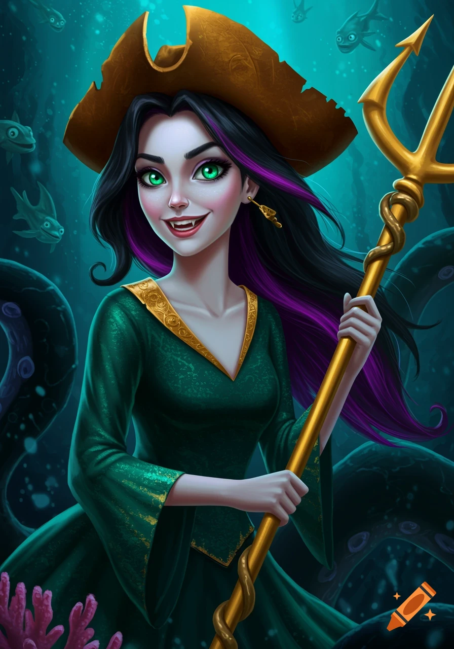 Stylized portrait of a female character with dark and purple hair, green eyes, fangs, a green dress, and a pirate hat, holding a gold trident in an underwater scene.