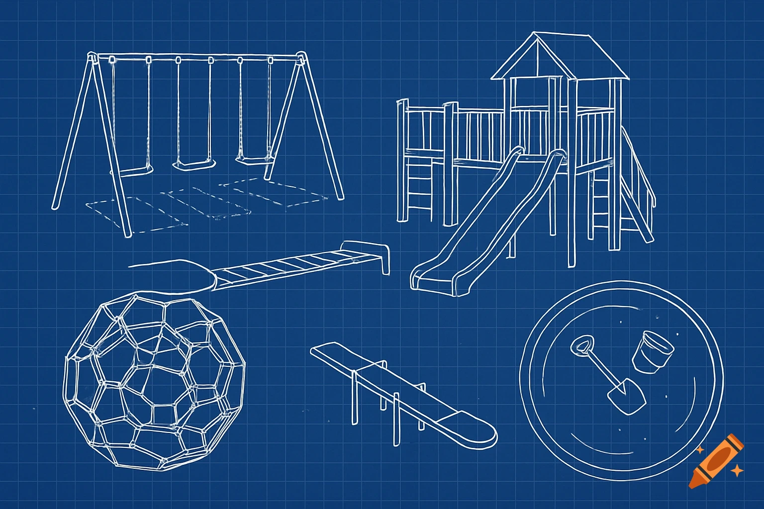Blueprint style drawing of various playground equipment including swings, a slide, monkey bars, a seesaw, and a climbing dome on a blue grid.