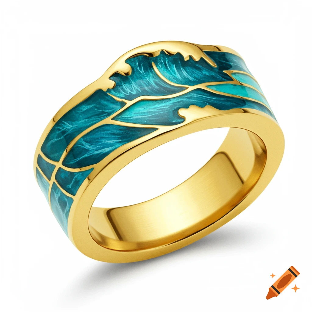A close-up shot of a gold ring featuring a teal and blue enameled design resembling ocean waves.