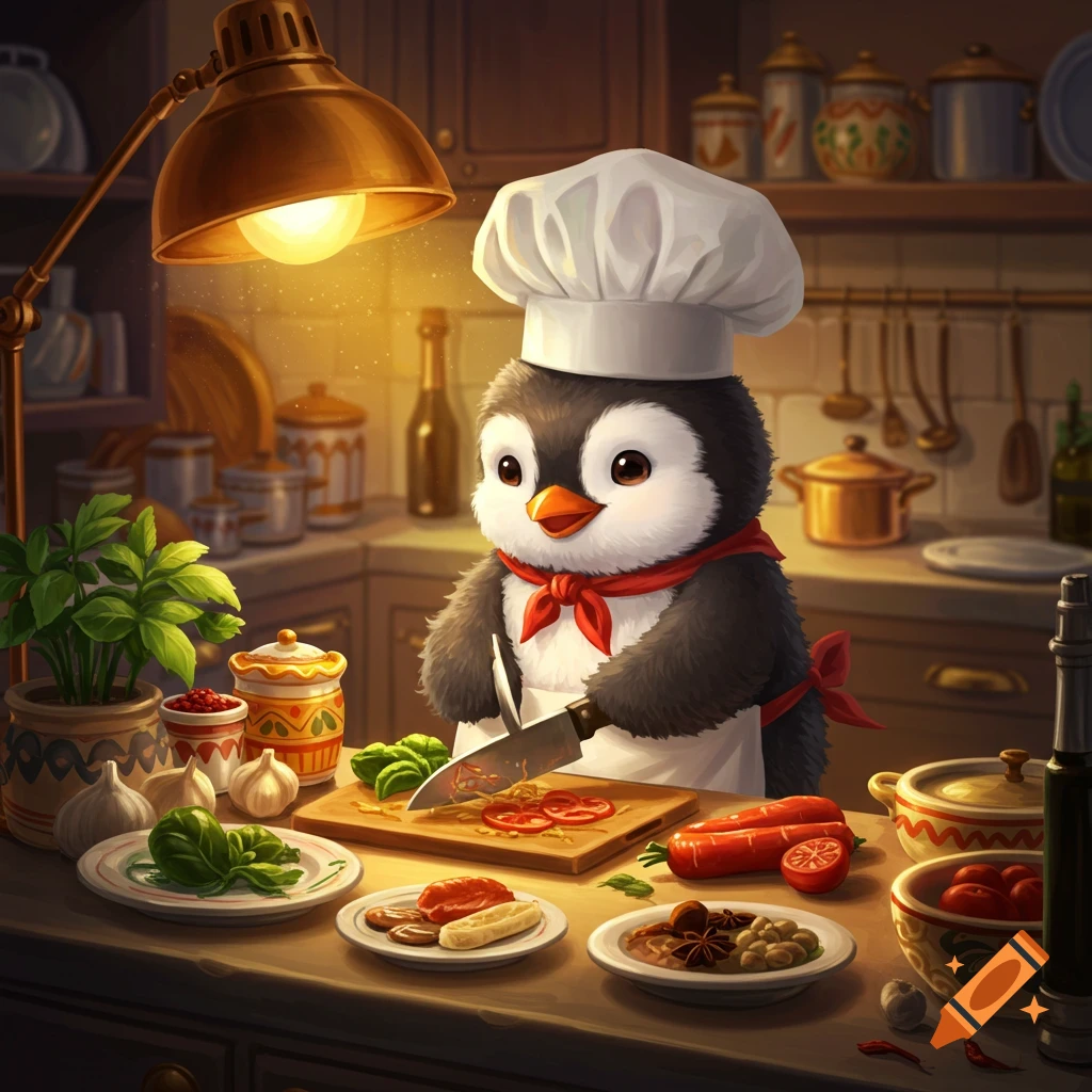 A cute penguin chef in a white hat and red scarf chops tomatoes on a wooden board in a warm, cozy kitchen, stylized illustration.