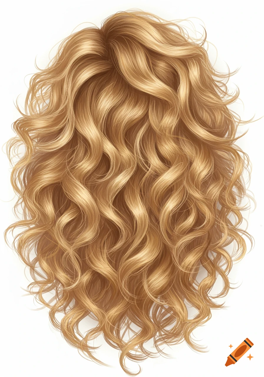 Voluminous, curly, layered blonde hair with teased roots on a white background.