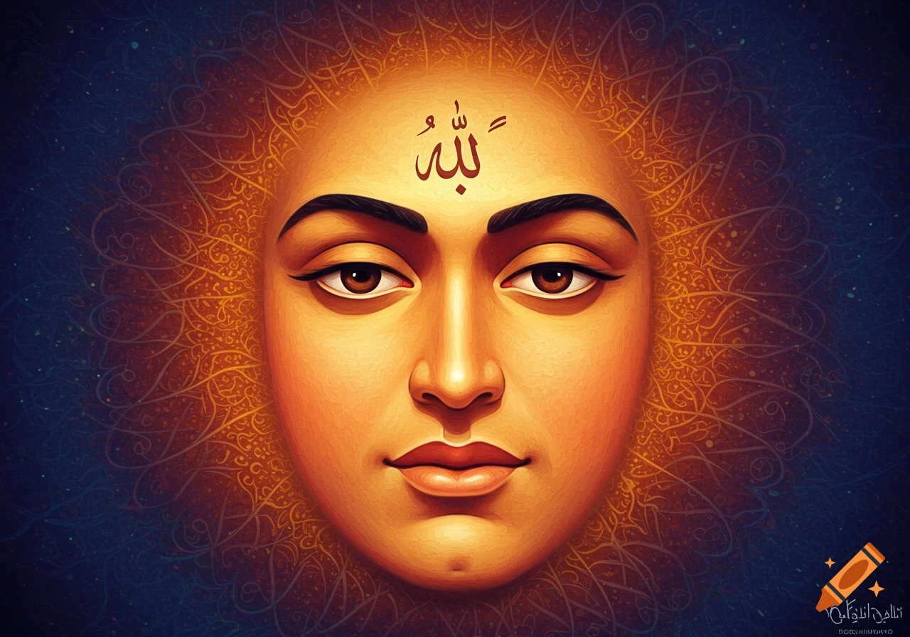 Stylized portrait of a face with golden skin and dark eyes, with the Arabic word 'Allah' written on the forehead, surrounded by intricate golden patterns on a dark blue background.