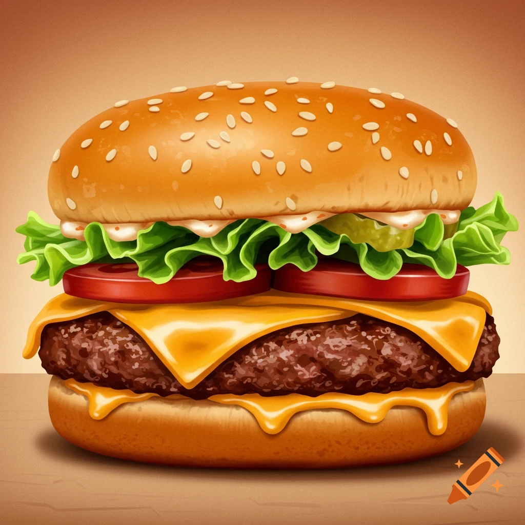 A close-up, appetizing image of a cheeseburger with lettuce, tomato, cheese, and a sesame seed bun on a neutral background.