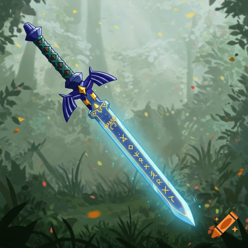 An illustrated Master Sword from Zelda, glowing with runes, floating in a mystical forest.