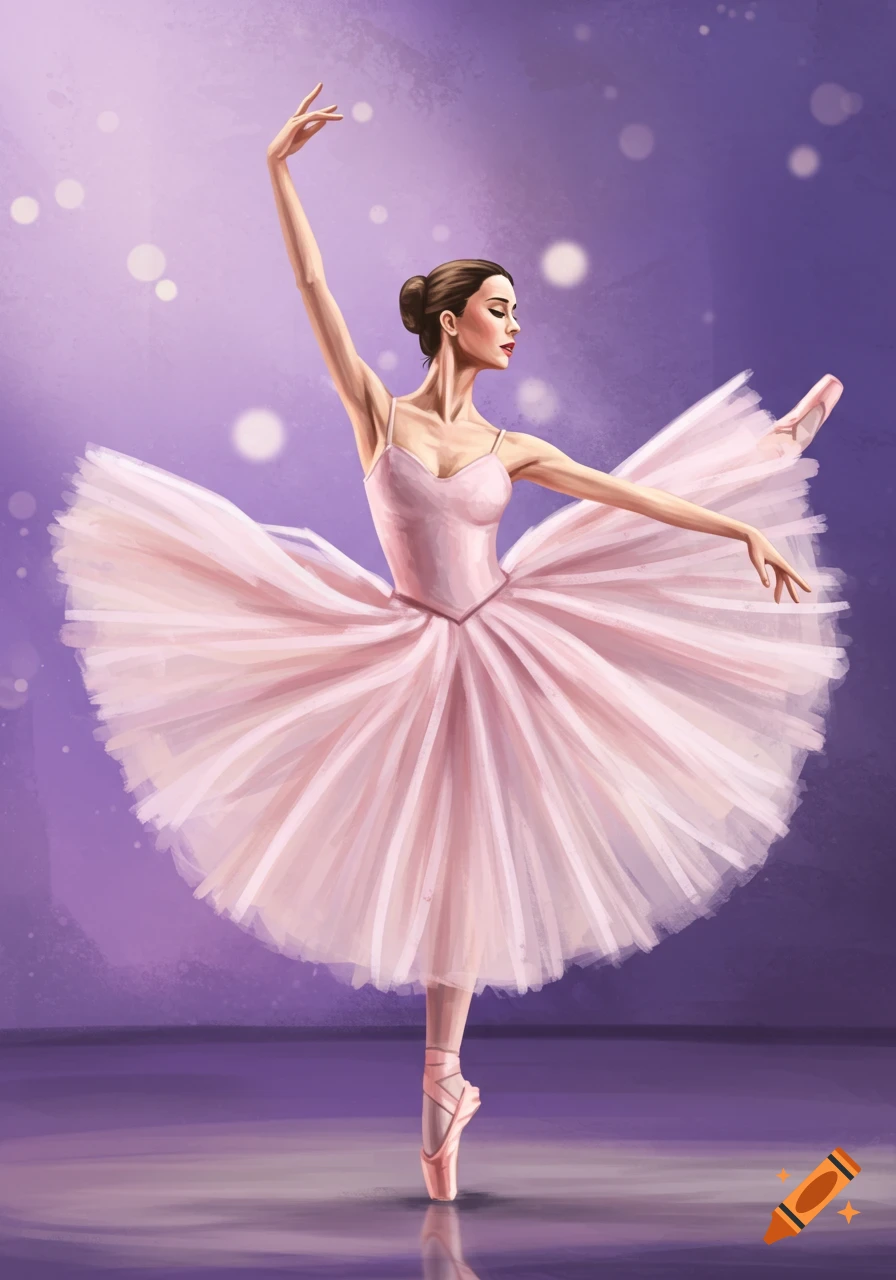 A digital painting of a ballerina in a pink tutu performing an arabesque on a stage with a purple background.