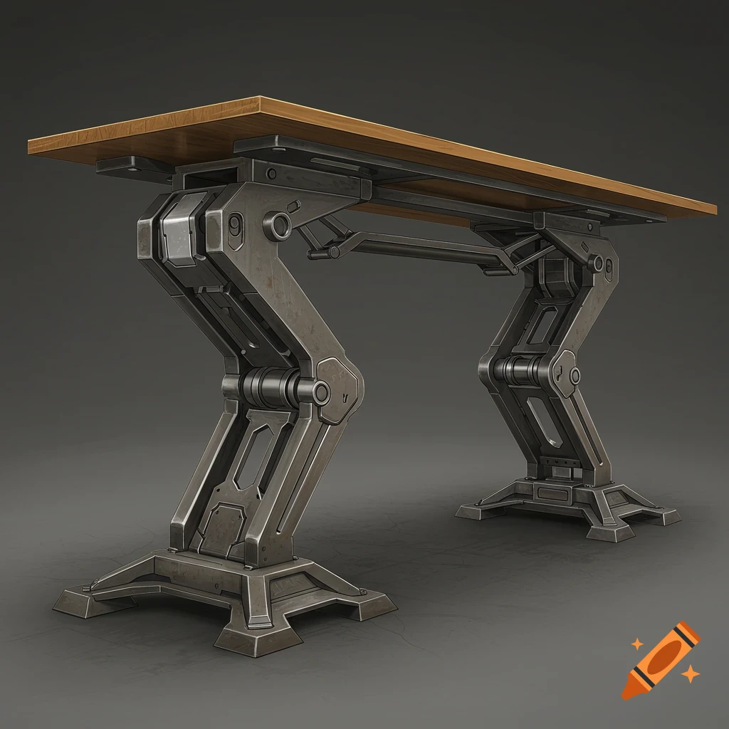 A futuristic desk with a light wood top and complex, articulated dark metal legs, standing on a plain dark background.