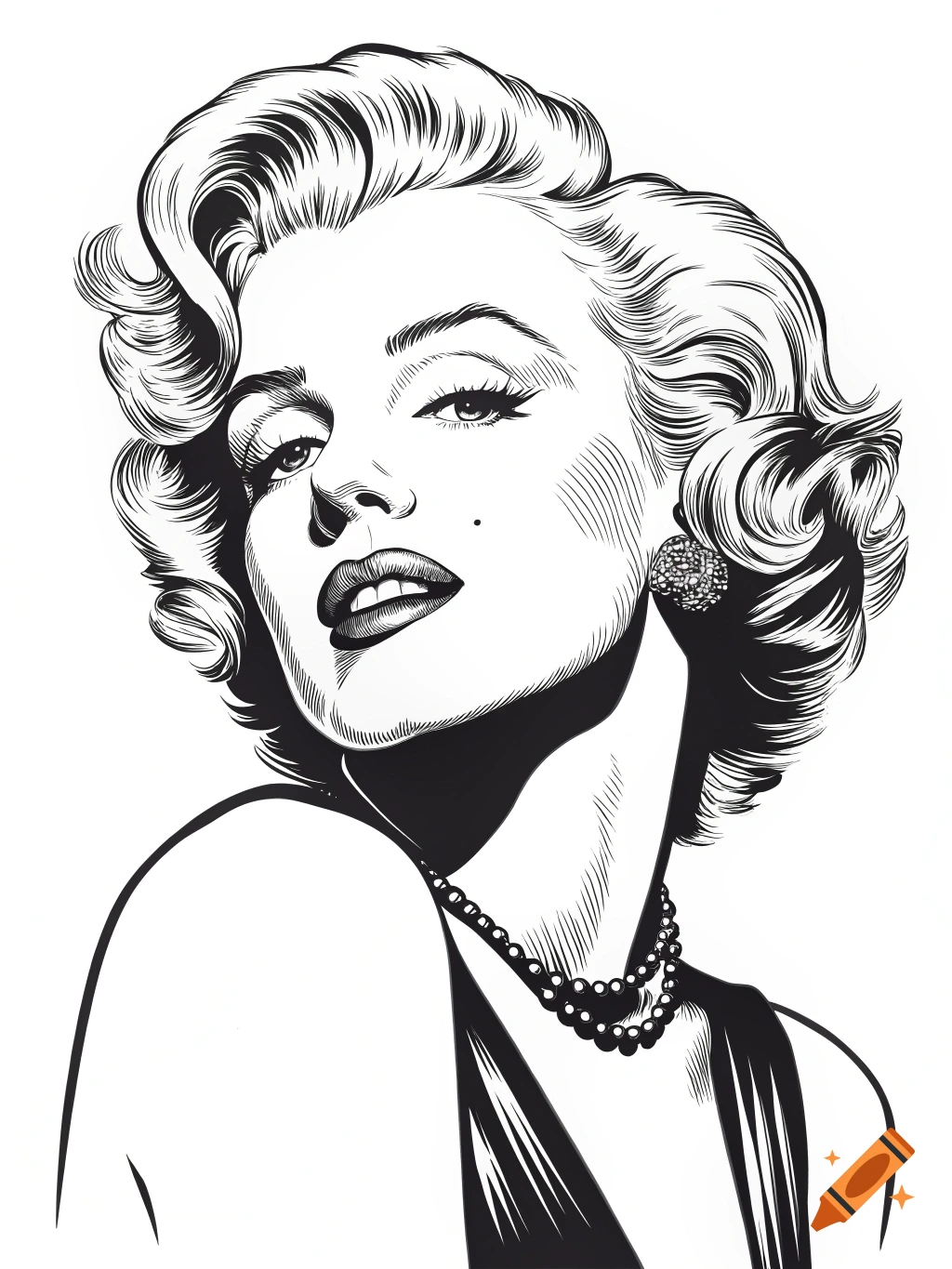 Black and white line art illustration of Marilyn Monroe with curled hair and a pearl necklace.