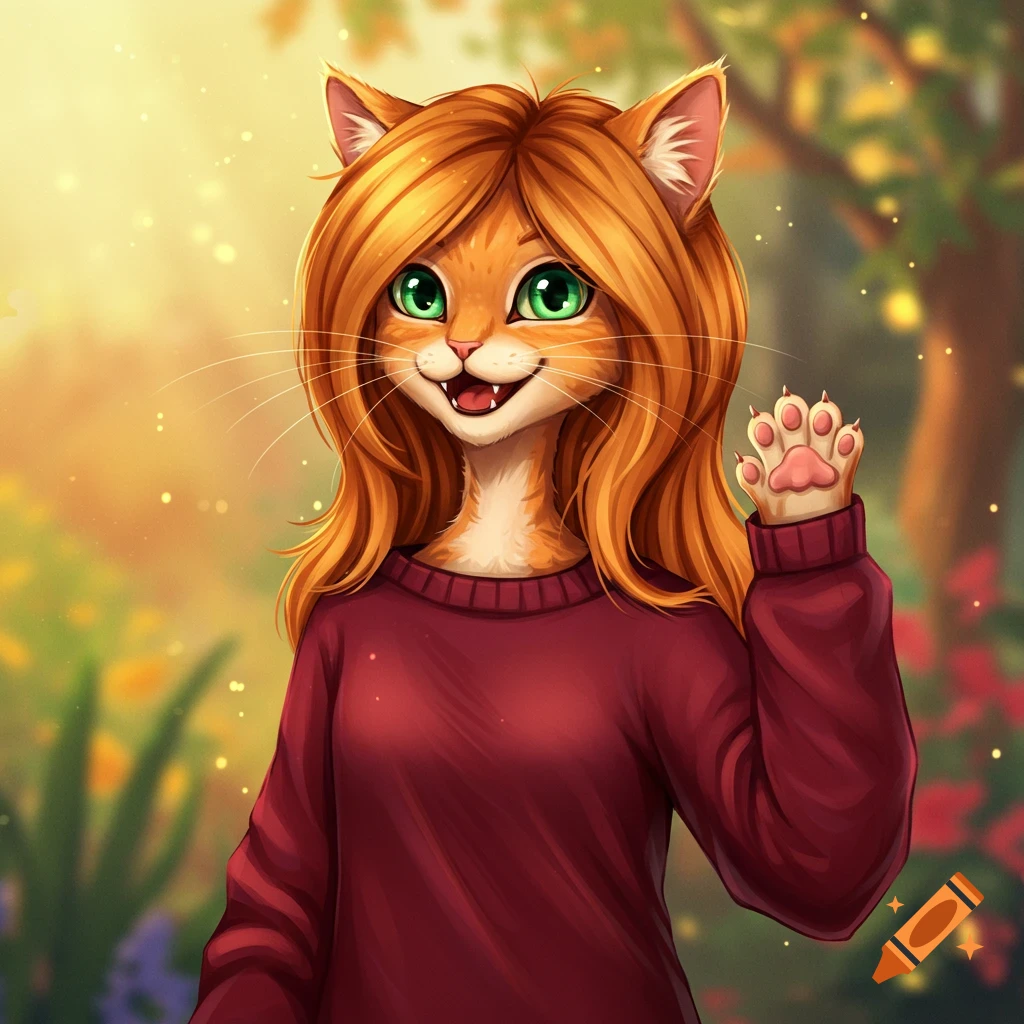 A friendly anthropomorphic cat with orange fur and green eyes, wearing a red sweater, waves in a sunny, green outdoor setting.
