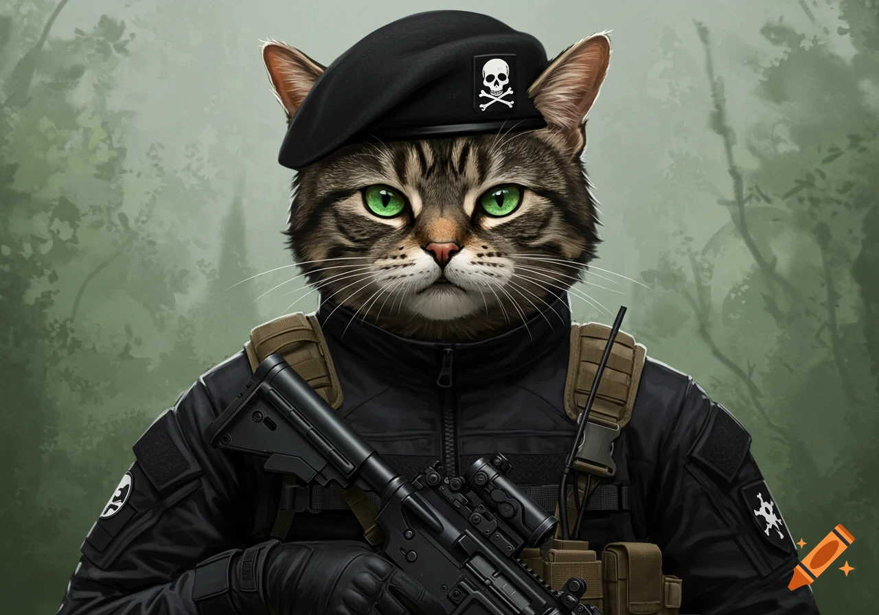 A serious-looking tabby cat in a black beret with a skull and crossbones, a black tactical jacket, and holding a rifle, against a green background.