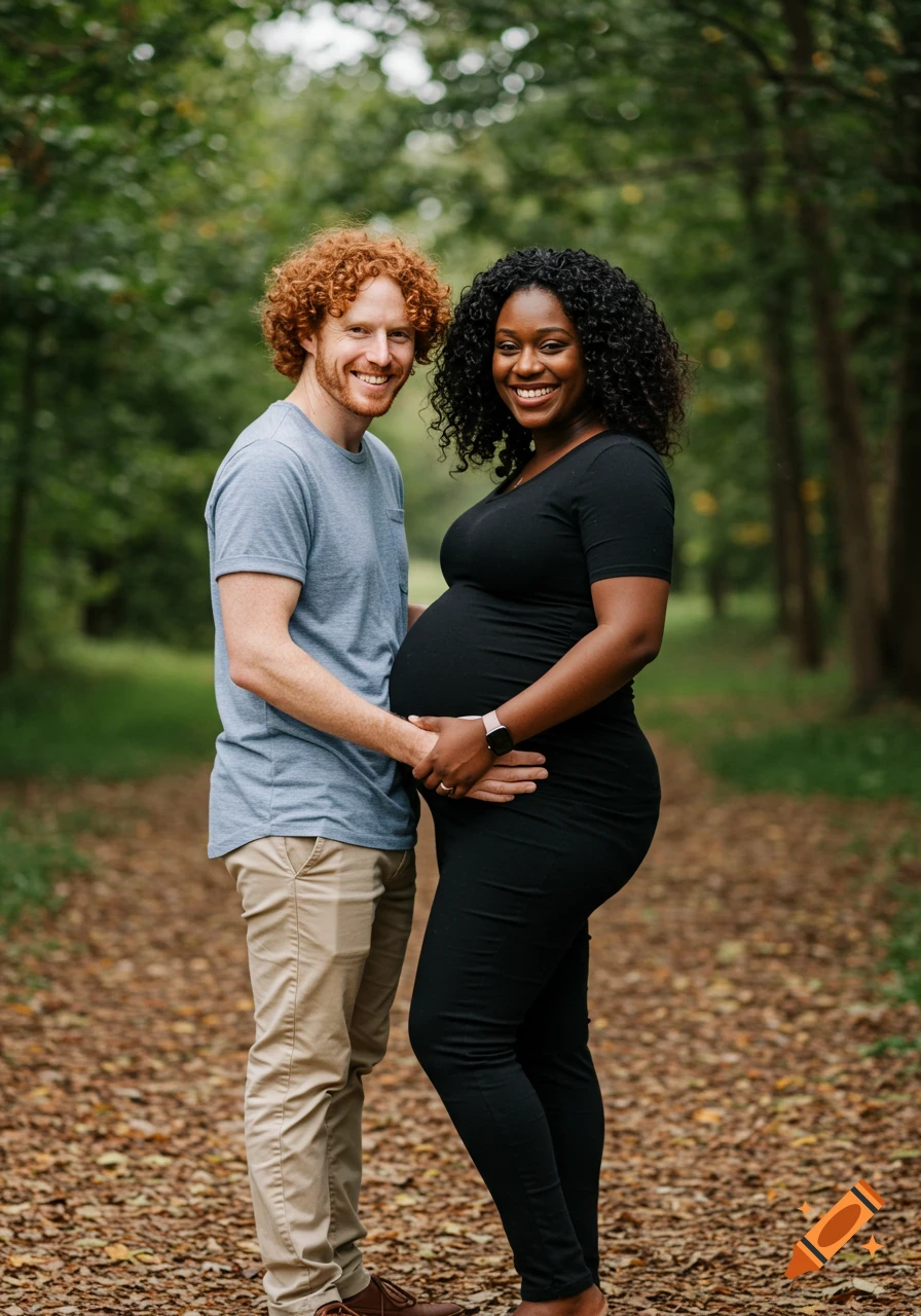 A smiling pregnant Black woman and a smiling red-haired man stand on a wooded path, his hand on her belly.