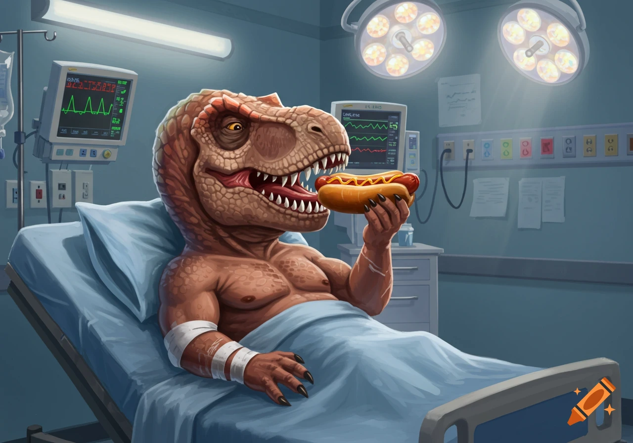 A muscular Tyrannosaurus-man hybrid lies in a hospital bed, eating a hot dog under bright operating lights.