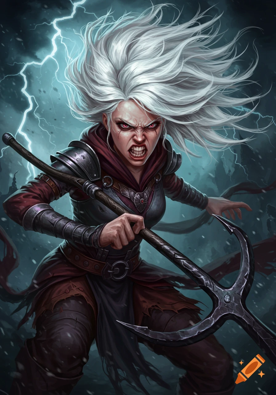 An angry female warrior with white hair, red eyes, and armor, wielding a three-pronged staff, stands in a stormy, snowy landscape with lightning.