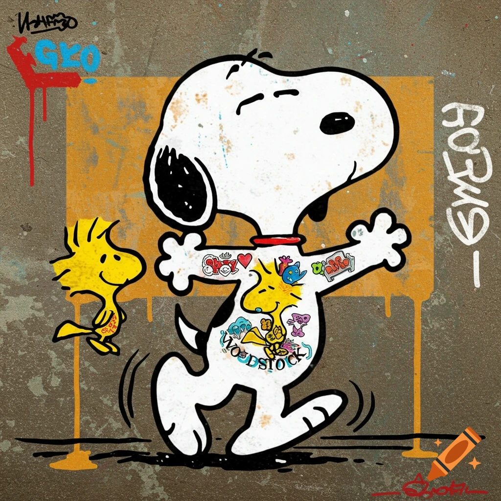 Stencil street art of Snoopy with tattoos, including a Woodstock tattoo, dancing next to Woodstock. The background is a textured wall with graffiti tags.