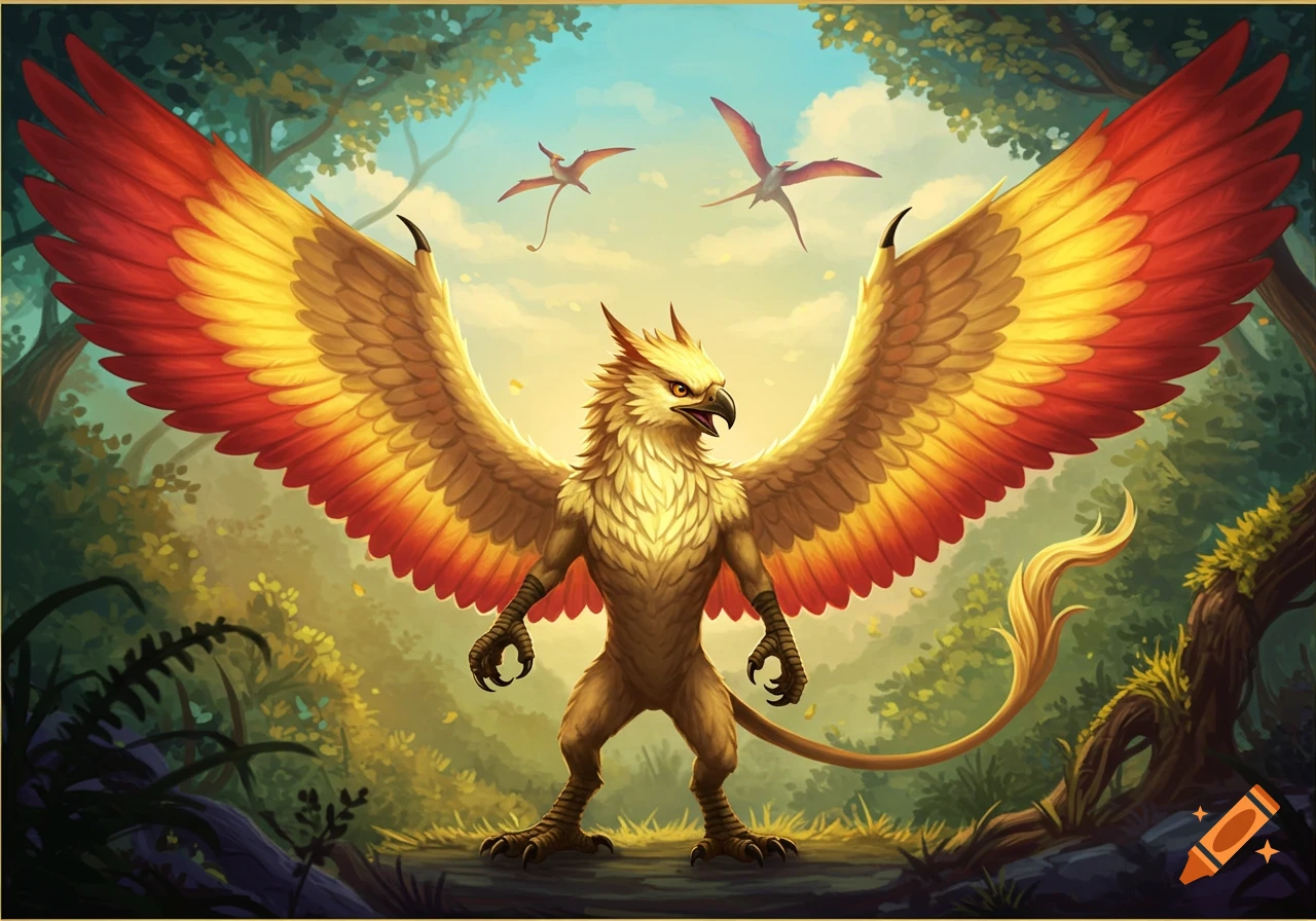A majestic golden and red griffin stands in a vibrant forest as two pterosaurs fly overhead, in a stylized illustration.