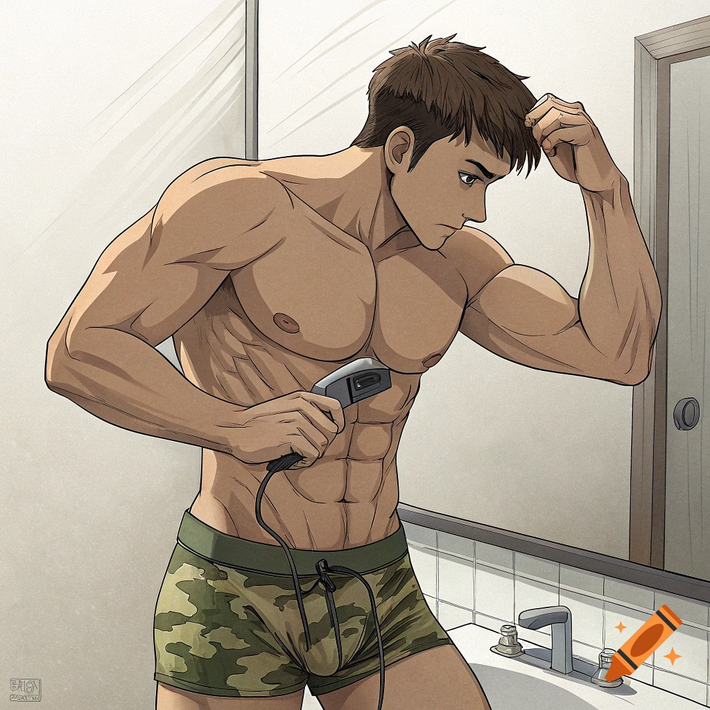 An anime-style muscular man in camouflage underwear shaving his chest in a bathroom.