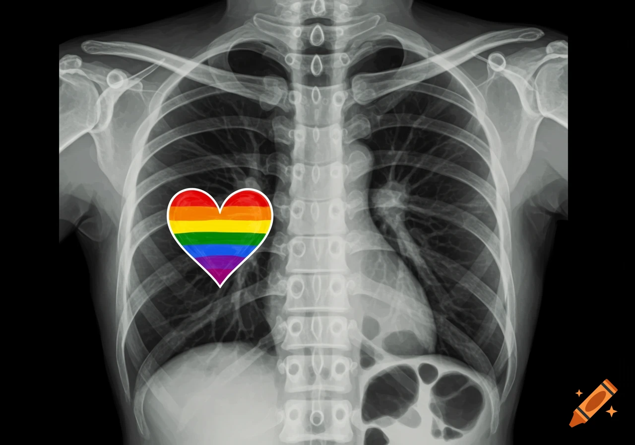 A chest X-ray with a vibrant rainbow pride heart superimposed on the left lung area.