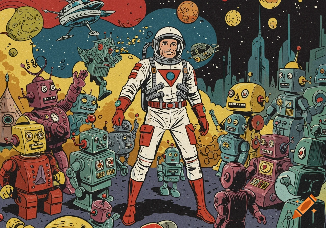 Retro illustration of an astronaut surrounded by colorful toy robots on an alien planet, with spaceships and planets.
