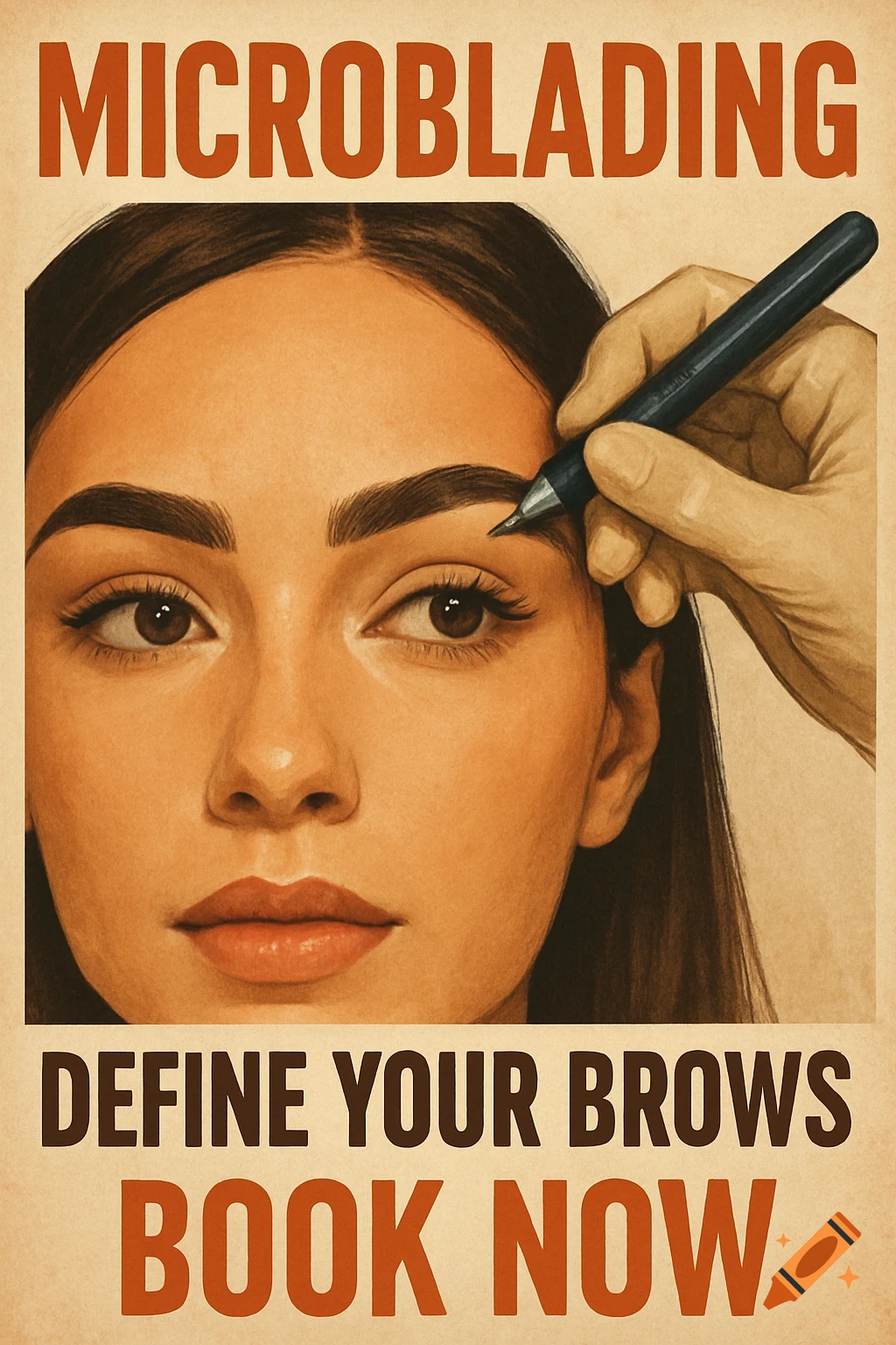 Vintage advertisement for microblading showing a woman's face and a hand microblading her eyebrow. Text: MICROBLADING, DEFINE YOUR BROWS, BOOK NOW.