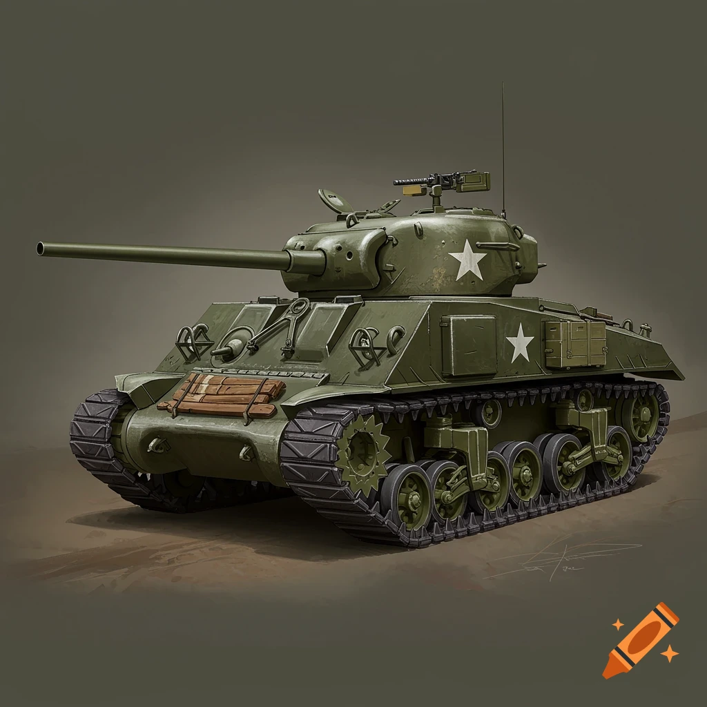 A green military tank with white star markings and a long gun barrel, depicted in a detailed illustration.