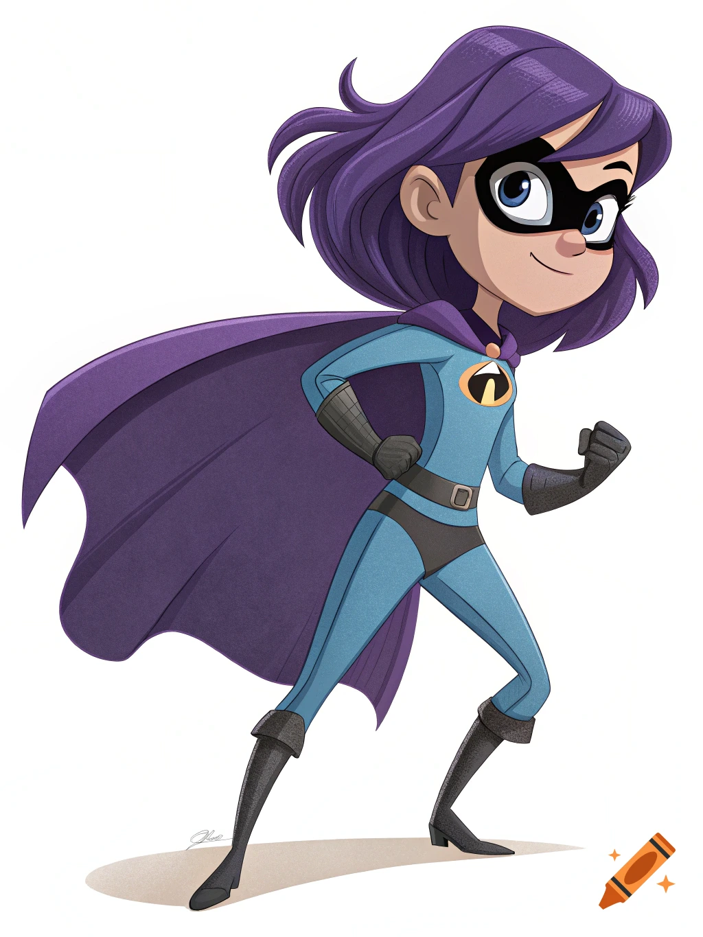 A smiling, cartoon-style superhero girl with purple hair, black mask, and blue and purple suit, stands in a dynamic pose.