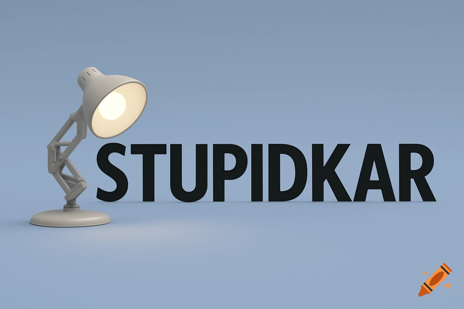 A 3D render of a white desk lamp next to the black text 'STUPIDKAR' on a light blue background.