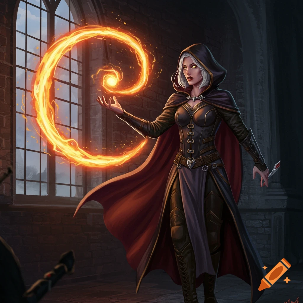 A white-haired sorceress in a hooded cloak casts a swirling fire spell inside a dark castle with large windows, in a fantasy art style.