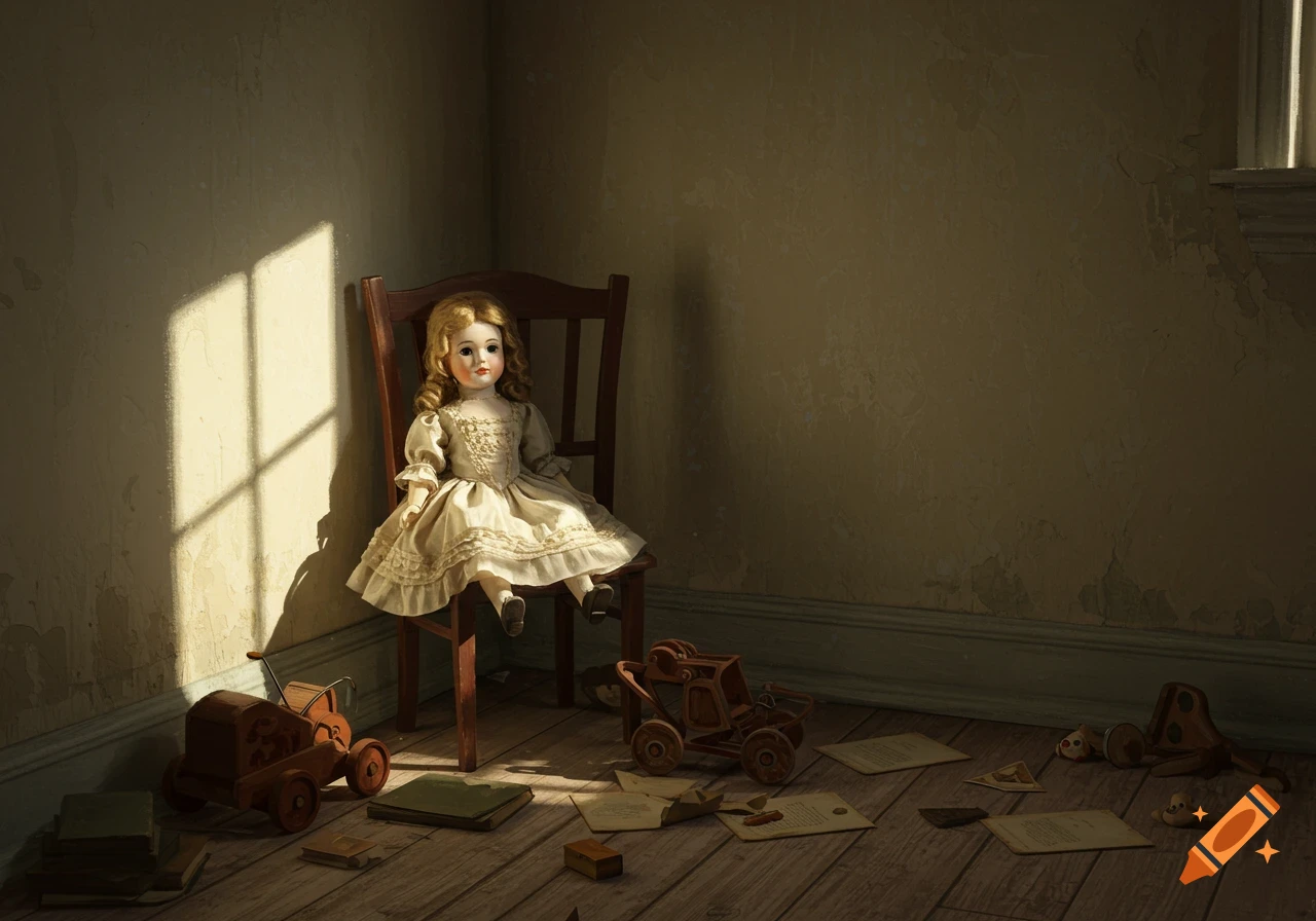 A vintage doll sits on a wooden chair in a dimly lit, dusty room with old toys and papers on the wooden floor.