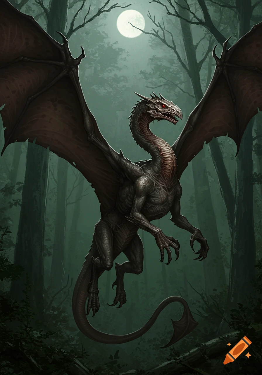 A dark, winged dragon-like creature with glowing red eyes hovers in a misty forest under a full moon.