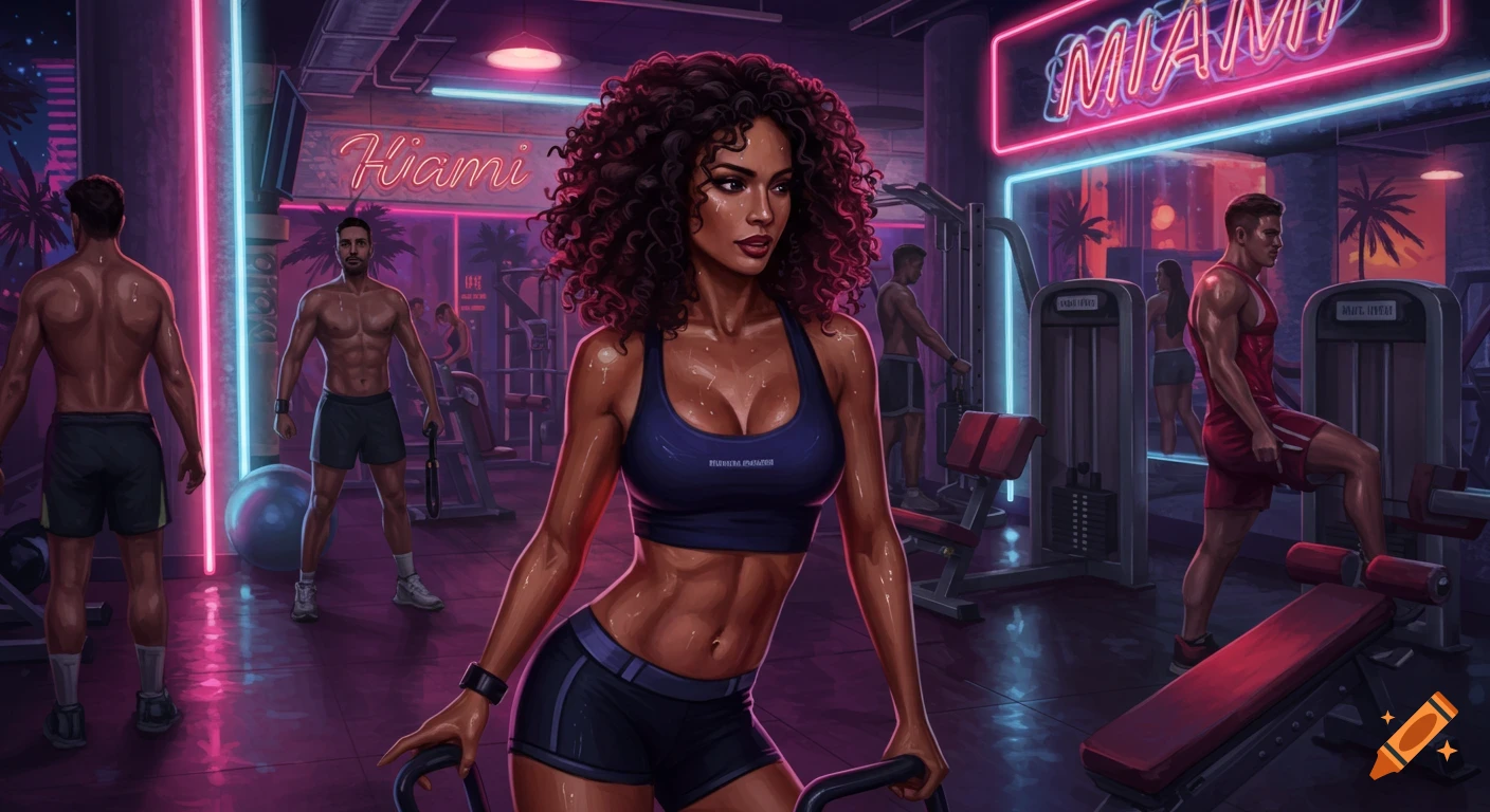 A muscular woman in a sports bra and shorts poses in a neon-lit Miami gym, with other gym-goers and equipment in the background.