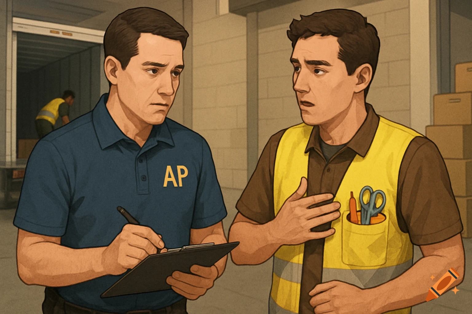 Two men in a cartoon illustration of a warehouse. One in a blue polo with 'AP' writes on a clipboard, talking to a worker in a yellow vest.