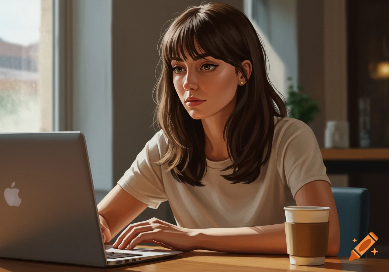 A woman with brown hair intently working on a laptop at a table with a coffee cup, photorealistic style.